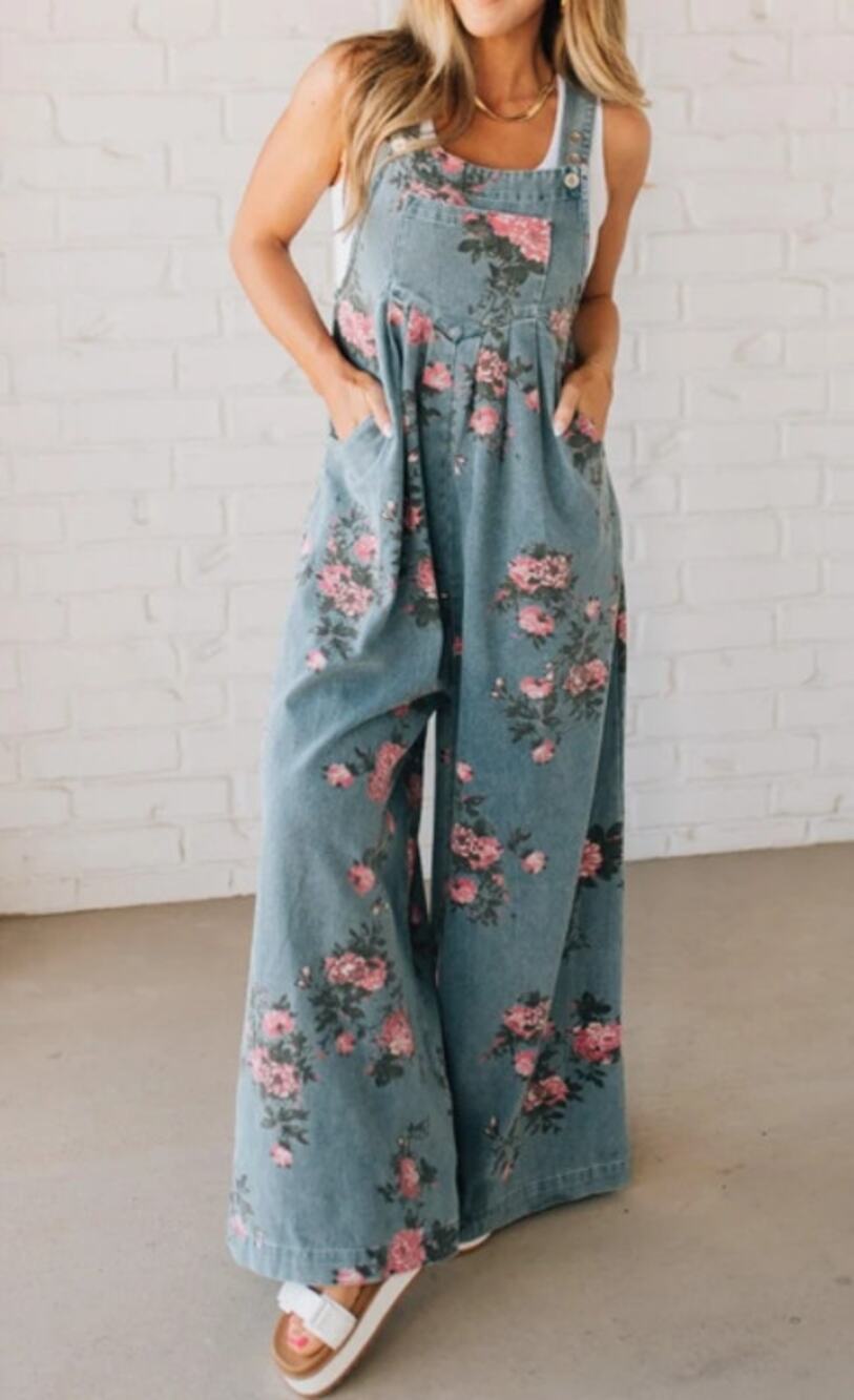 BiBi Pink Floral Washed Denim Wide Leg Overalls XL NWT - Floral Cottage